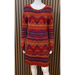 Polo Ralph Lauren Fair Isle Sweater Dress Red Multi Geometric Knit Womens Medium